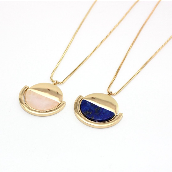 

pendant necklaces light yellow gold color alloy half moon lapis lazuli link chain necklace rose pink quartz jewelry, Silver