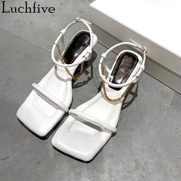 

dress shoes leather one belt open toe sandals women chains buckle strap party kitten heels white zapatos mujer, Black