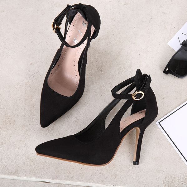 

sandals2021 spring/summer european and american new suede black strip stiletto heel pointed high heel shoes hollow buckle shoes womens shoes
