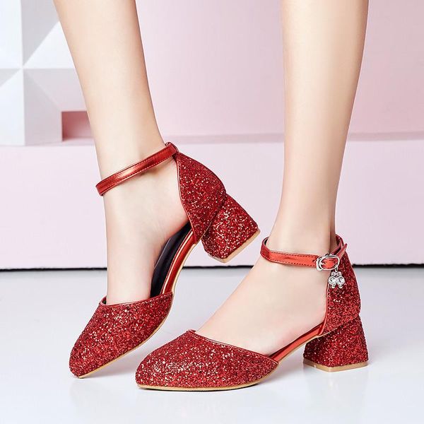 

ymechic 2021 summer ankle strap buckle chunky block high heel party wedding shoes bride red pink black ladies plus size pumps