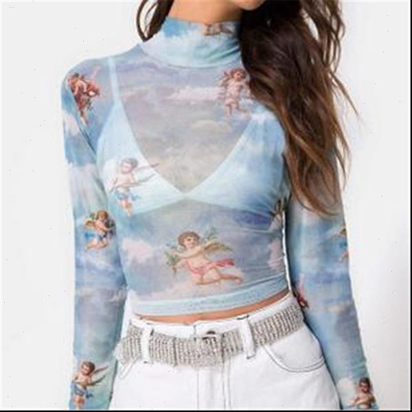 

new fashion women see through sheer mesh fishnet shirt cute angel printed female wear autumn womens ladies mesh, White