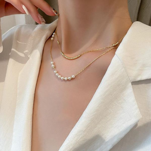 

chokers 2021 arrival fashion women necklaces trendy pearl simulated-pearl korean simple double necklace, Golden;silver