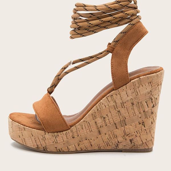 

sandals women's wedges bandage high heel platform ladies ankle strap suede shoes female footwear plus size 2021 fashion, Black