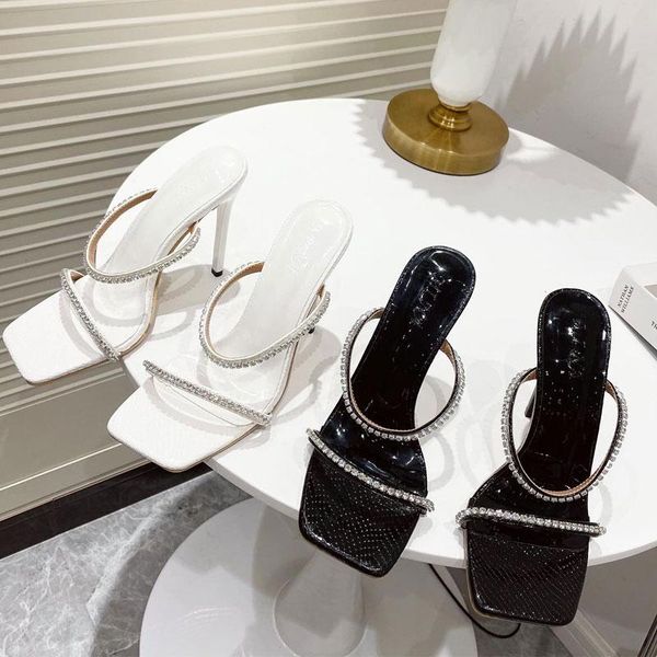 

slippers women snake print strappy mule high heels crystal sandals shoes flip flops square toe rhinestone slides party wom, Black