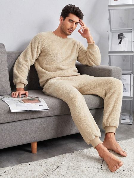 

men solid teddy pj set k9yr#, Black;brown