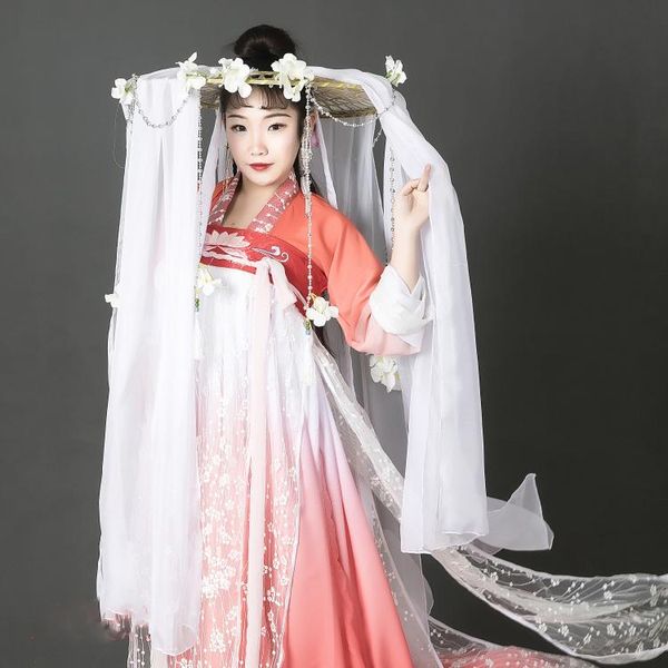 

wide brim hats fairy princess outdoor sun proof hat uv-block chiffon elegant female bamboo head cover cosplay hanfu accessory pograp, Blue;gray