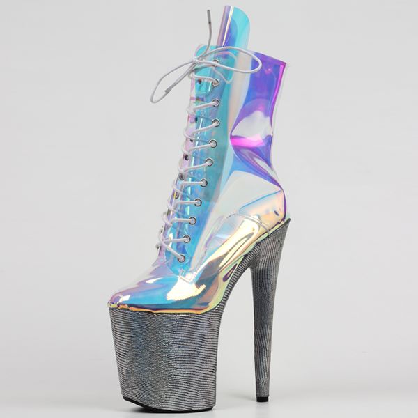 

20cm high heel custom rainbow holographic clear pvc closed toe lace up pole dance platform boots, Black;white
