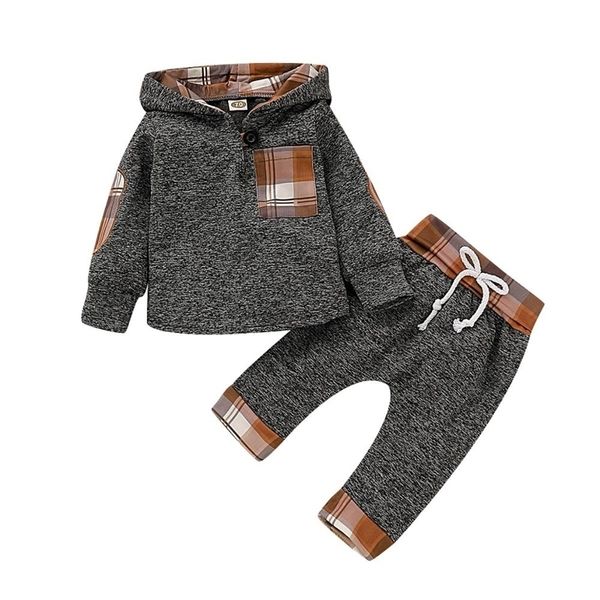 Vendita calda di trasporto libero vestiti del ragazzo morbido primavera abiti grigio manica lunga con cappuccio plaid/pantaloni dinosauro 2 pezzi set regali per bambini 210309