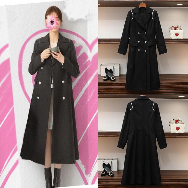 

women's wool & blends women elegant long coat double breasted sleeve female woolen outerwear ladies overcoat autumn winter 2021, Black
