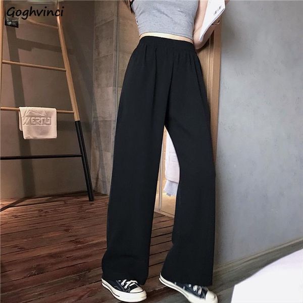 

casual high waist elastic full women pants length plus size s 3xl straight trouser loose korean style simple solid slim, Black;white