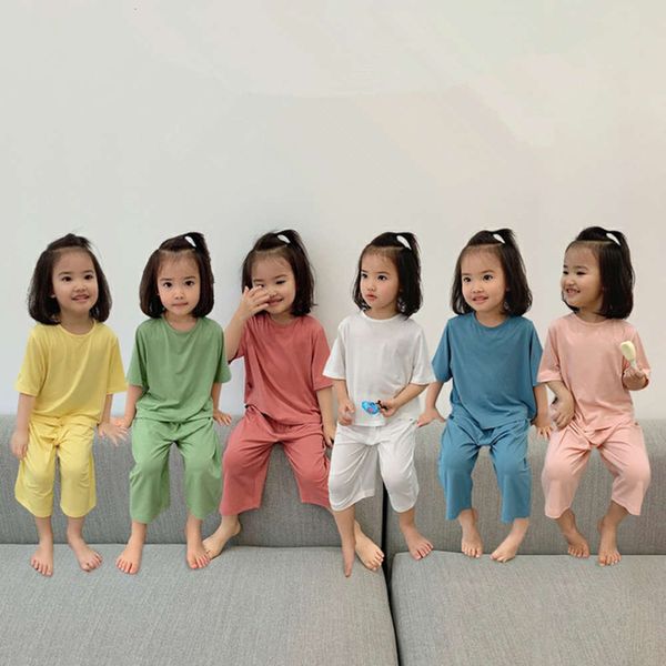 

summer girls' home suit baby net red foreign sle children's fashion korean short sve pants air conditioning pajamas, Blue;red