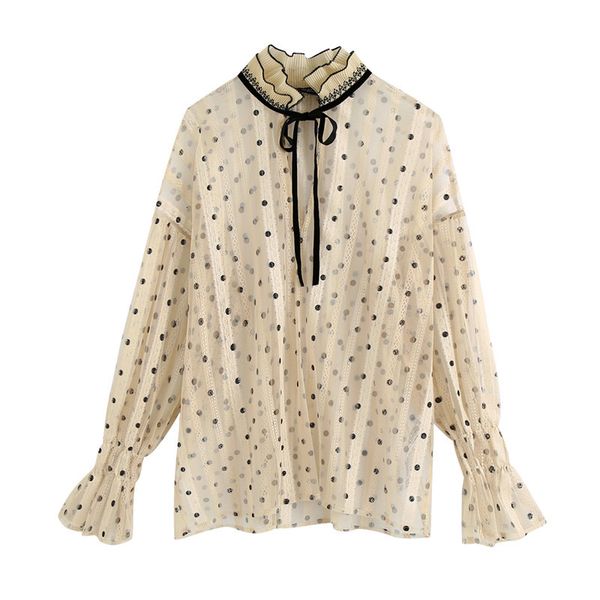 

2021 new fashion transparent mesh ruffled blouses women hollow out flare sleeve female shirts casual ladies shirt 1ivf, Black