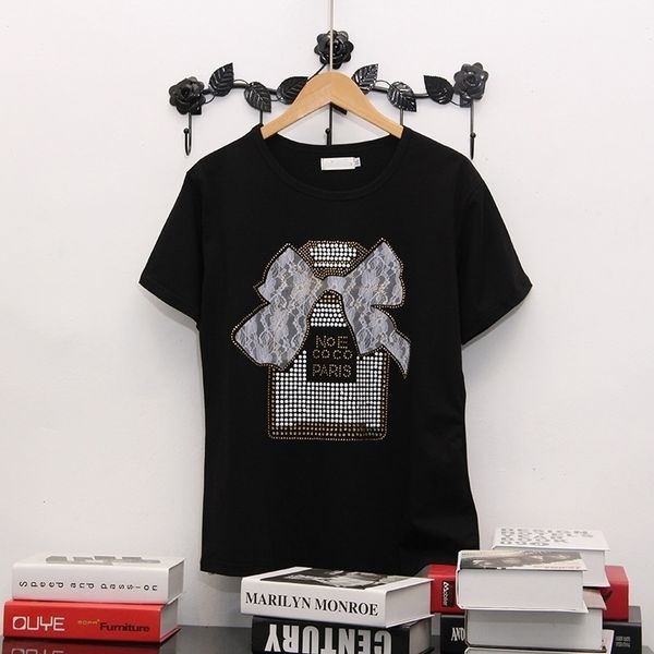 

summer new fashion loose plus size black with rhinestones short-sleeved t-shirt female street casual drilling tee 210310, White