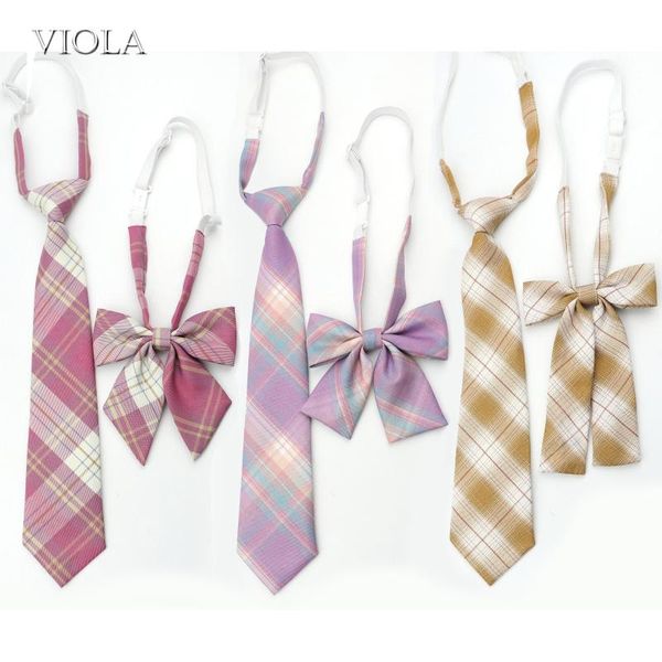 

neck ties lady girl sweet -cream color plaid 100%cotton necktie bowtie set party uniform cosplay women tie gift cravat school accessory, Blue;purple