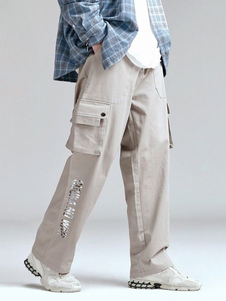 

men slogan graphic flap pocket side cargo pants k5h5#, Black