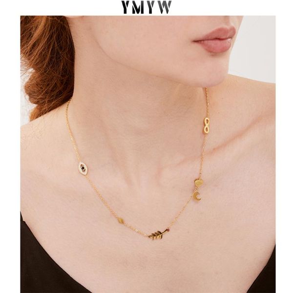 

ymyw stainless steel lucky necklace for women charm metal leaf moon eye pendant choker necklace 18 k titanium steel jewelry, Silver