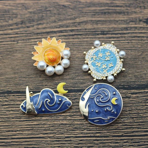 

pins, brooches retro enamel gold colorsunflower moon brooch for women fashion jewelry female vintage round drop oil, Gray