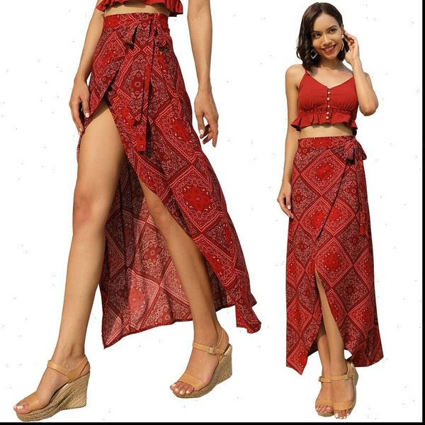 

high split long geometric printed wrap bohemian skirt women 2021 summer casual maxi skirt sash high waist long boho skirt, Black
