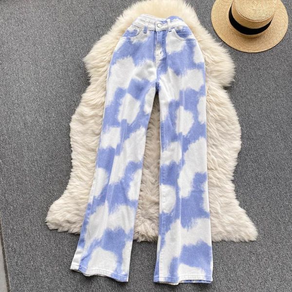 

women's jeans singreiny chic tie dye denim pants female retro fashion high waist loose straight autumn korean streetwear long, Blue