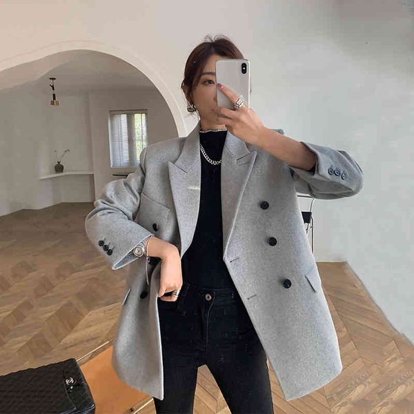 

women's suits & blazers [eam] women woolen double breasted blazer notched long sleeve loose fit jacket fashion autumn winter 2022 1dd71, White;black