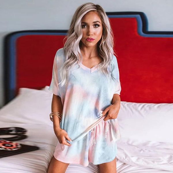 

orange twist tie dye pajamas set women summer white leopard v neck short sleeve t shirt shorts 2 two pieces suit 5 colors, Gray