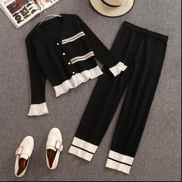 

korean new knitted pants set 2021 chic v neck cardigan trim hem ruffled sweater and wide leg pants 2 piece set, Gray