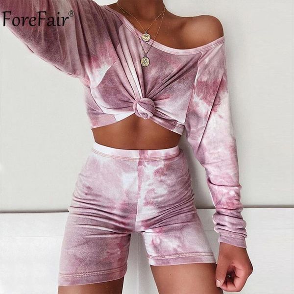 

off shoulder tie dye womenpant set long sleeve crop and mini biker shorts casual piece sets sports outfits, White
