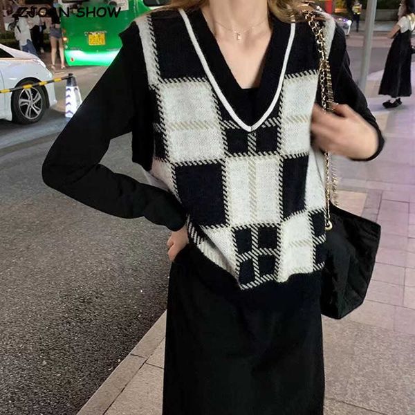 

women's sweaters women autumn check plaid jacquard knitting sleeveless sweater retro v neck loose pullover knitwear vest casu 6wv7, White;black