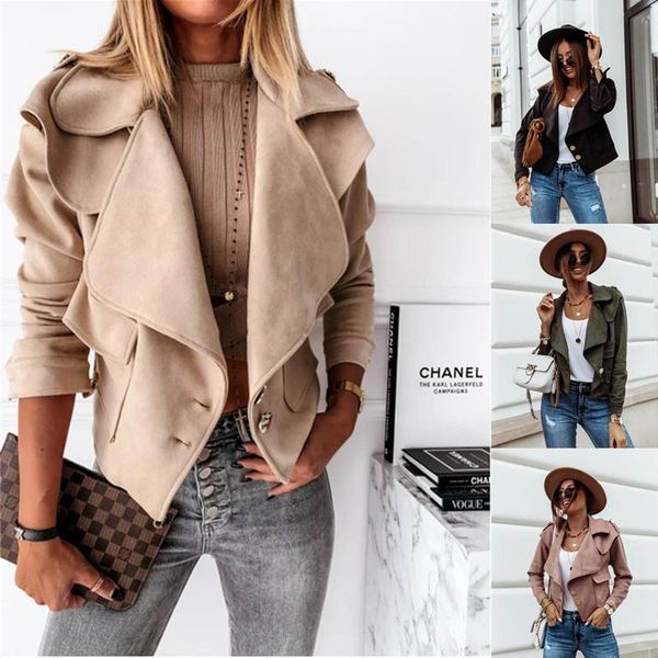 

women's jackets 2021 long sleeve lapel deerskin button jacket small coat women, Black;brown