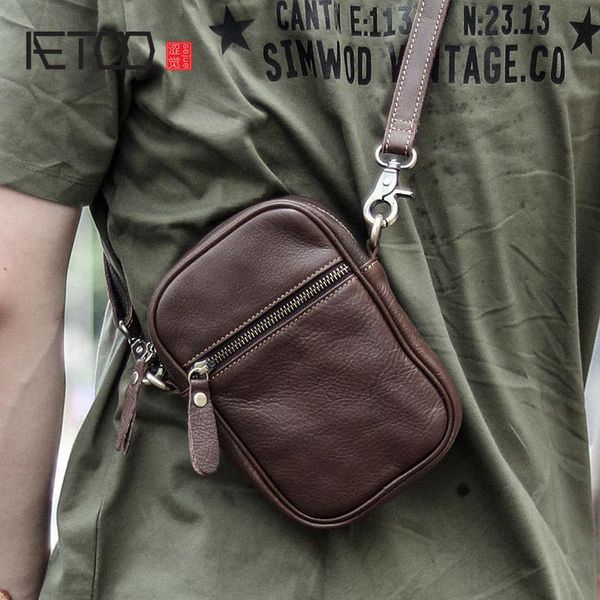 

HBP AETOO Vertical Mobile Phone Sloping Bag, Leather Men's Casual Bag, Brown
