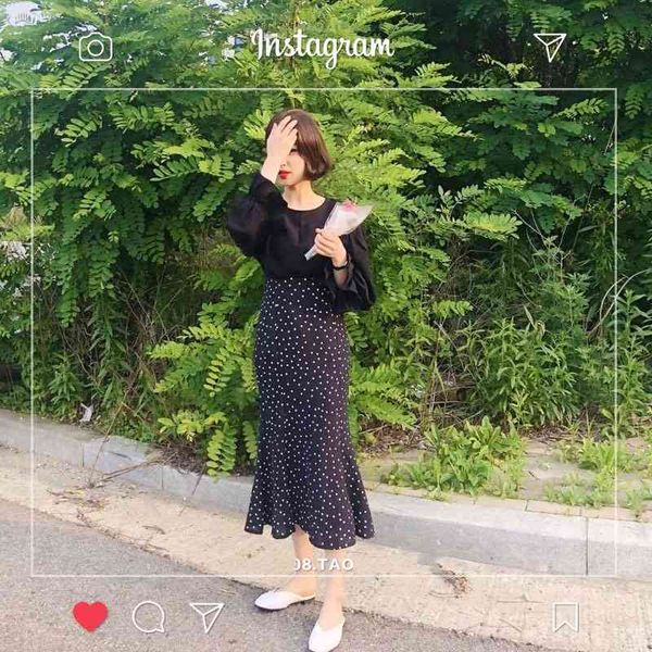 

2021 summer skirt long women black white dot preppy style girls korean design high waist black skirt 3024