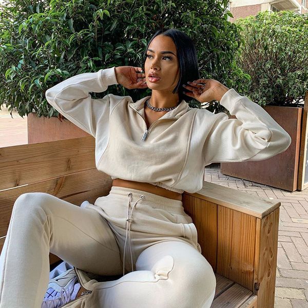 

corduroy patchwork sweat suits women two piece outfits cropped hoodie and pants streetwear fashion tracksuits c15-hf80, White