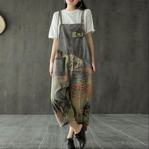 

fashion retro hole print patchwork pockets denim jumpsuits 2020 summer new loose leisure all match women jumpsuits, Black;white