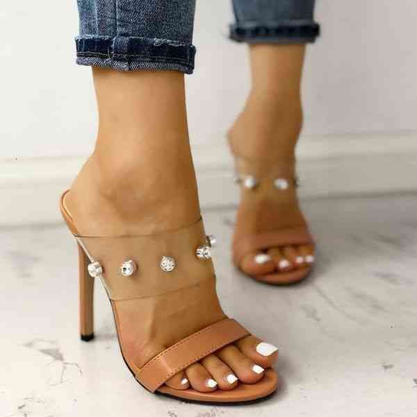 

women shiny embellished open toe transparent stiletto thin high heels sandals woman plus size shoes xo2x, Black