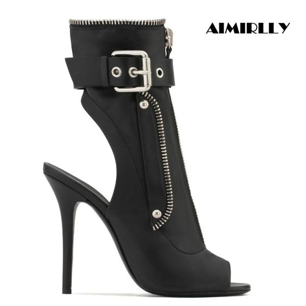 

sandals women's boots open toe slingback spring autumn high heels ankle front zipper buckle strap female foorwear, Black