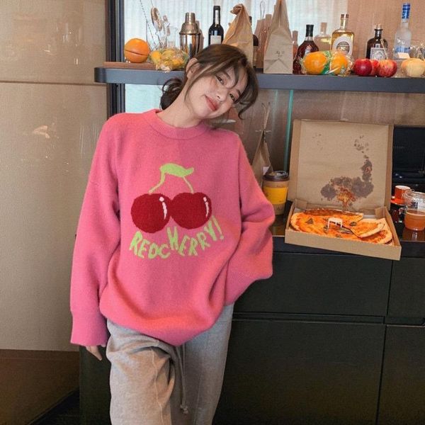 

women's sweaters 2021 autumn sweater women cute cherry strawberry pattern pullover vintage pink clothes chic korean style, White;black