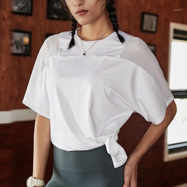 

yoga outfits sports women short sleeve shirts fitness gym wear breathable net yarn splicing crop workout female running sportswear1, White;red