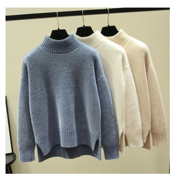 

faux 2021 new mink cashmere turtleneck women sweater autumn winter thick jumper female long knitted pull femme hiver qpqh, White;black
