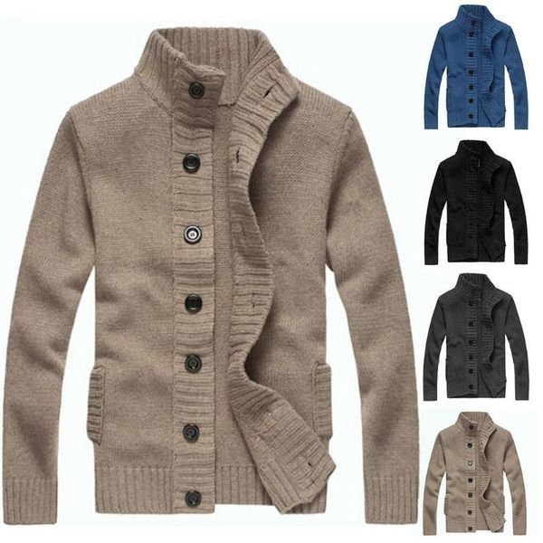 

men's sweaters autumn winter jacket men sweater cardigan stand collar buttons up pockets thicken knitted coat pull homme, White;black