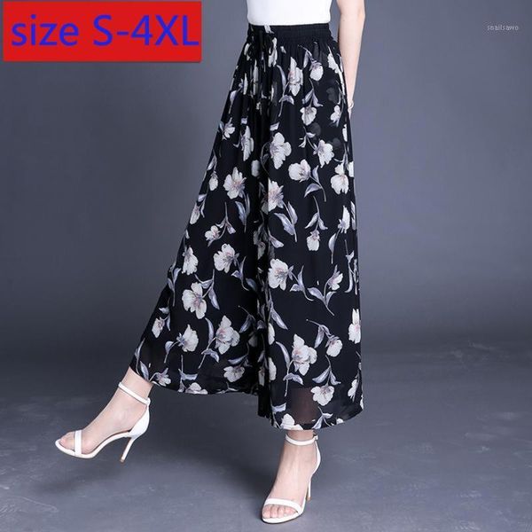 

women's pants & capris women summer printed chiffon skirt waist loose casual elastic wide leg plus size s-4xl, Black;white