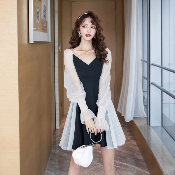 

autumn spring fashion cute patchwork new arrival comfortable elegant perspective sleeves mini a-line dress 08ey, White;black