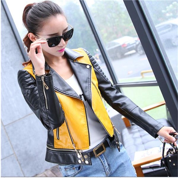 

women's leather & faux black short stitching small suit pu jacket streetwear autumn slim zipper coat female motorcycle outwear
