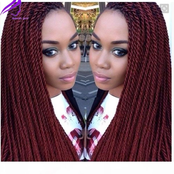 

26inch synthetic lace front wigs burgundy red long twist braids wig glueless braided hair for black women daily wear, Black;brown