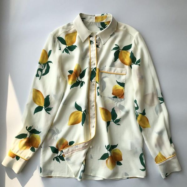 

women's blouses & shirts women lemon print silk blouse french fresh autum turn down collar long sleeve casual shirt, White