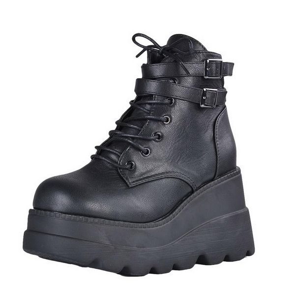 

boots leather gothic black women heel chain chunky platform female punk style ankle zipper