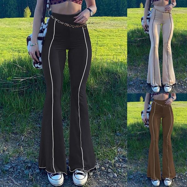 

yoga outfit solid low waist ribbed flare pants women summer slim elegant casual elastic trousers female fashion all-match streetwear