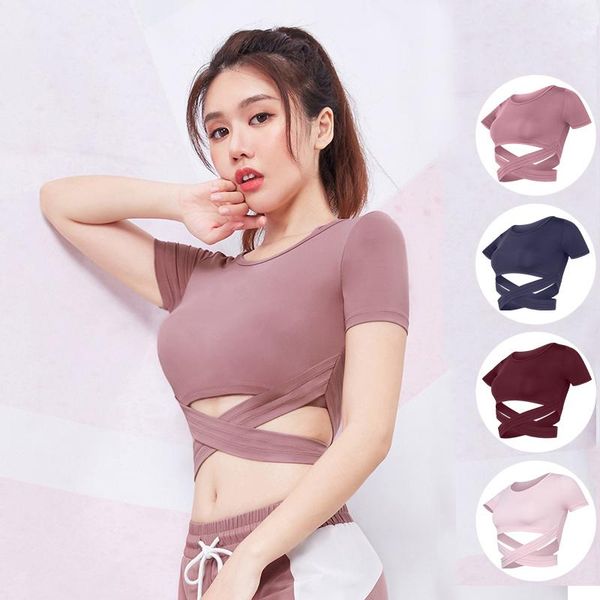 

yoga outfits vansydical sports strappy women u-neck tank shirts fitness crop solid running short sleeve slim shirt, White;red