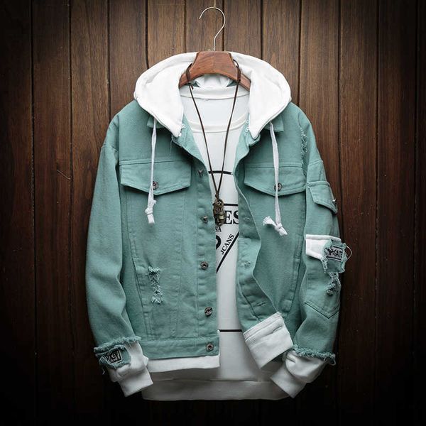 

autumn new hooded denim jacket men fashion fake two pieces of streetwear bomber jacket and coat man cowboy clothes male m-3xl ly191206, Black;brown
