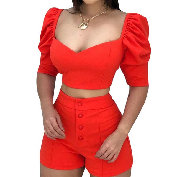 

2pcs cropped high tail shorts effects color retro short mouw a line buttons casual women clothing set, White;black