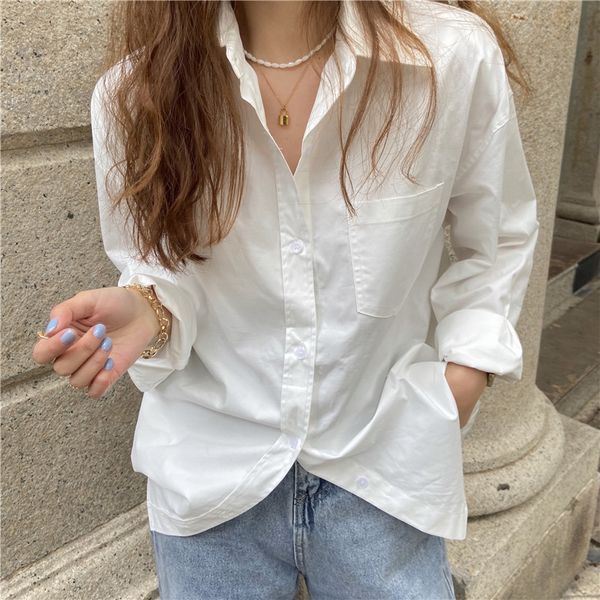 

2021 new women streetwear basic loose elegance vintage casual all match chic gentle solid shirts lapel clothe 0zdx, White